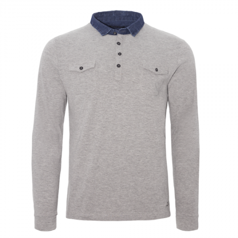 Long sleeve T-shirt with wash denim collar, button and 2 pockets. - MLT 69GOSPELB