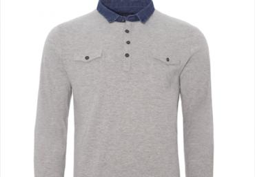 Long sleeve T-shirt with wash denim collar, button and 2 pockets. - MLT 69GOSPELB