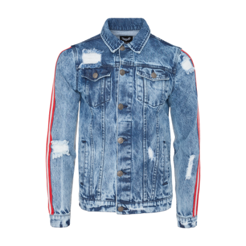 Ripped denim jacket with stripes at sleeves. - MJK RETRO1