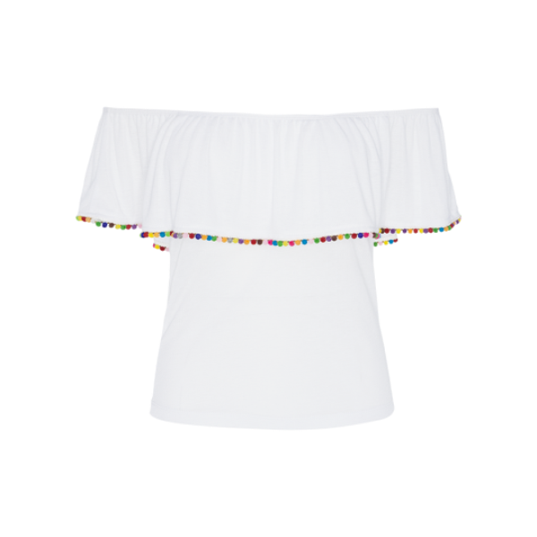 Off shoulder vest with pom pom trim. - LTS 272HAVANA