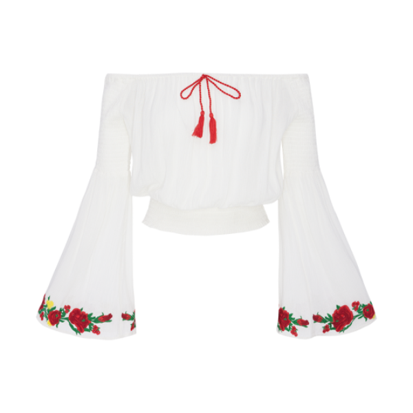 Bardot top with emb. on sleeveand shirring detail - LWT 432URSULA