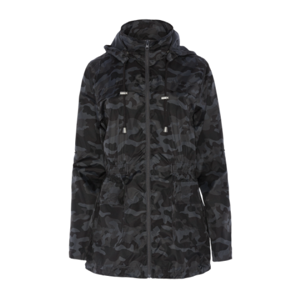Hooded camo printed mac with detachable hood. - LJK OXFORD