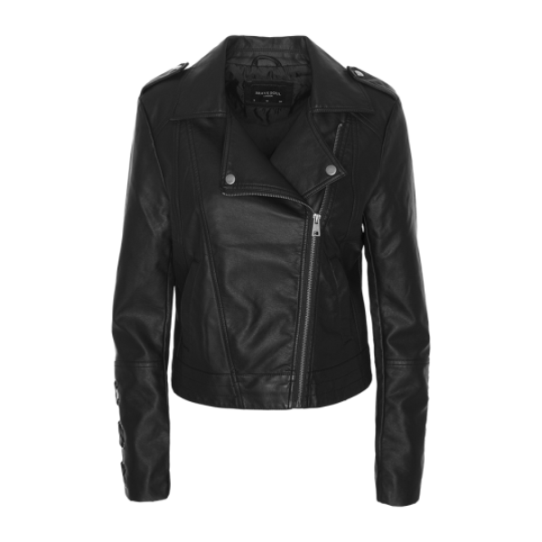 Pvc biker jacket with cross zipper and lacing detail at sleeves. - LJK PASQUA