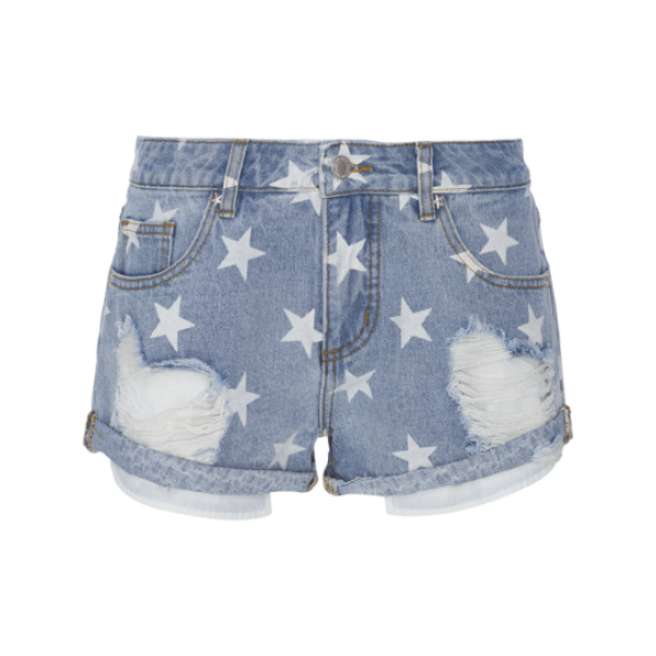 Denim short with all over star print and rips. - LSRD 398STAR