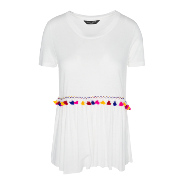 Short sleeve T-shirt with pom pom and tassels. - XLTS 414CAROLINE