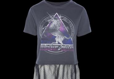 sleeve printed T-shirt with lace detail at hem. - XLTS 414UNICORN