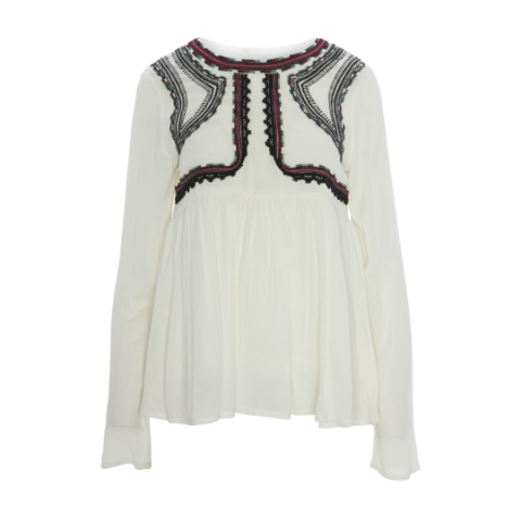 Crew neck long sleeve blouse with embroidery at front. - LWT 437EMMIE