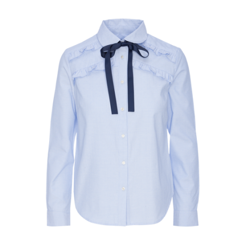 Long sleeve shirt with bow at neck and ruffle detail. - LWT 492WALTON