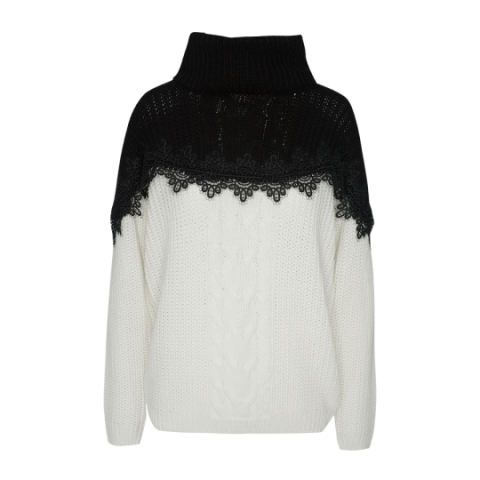 Cable knit jumper with block colour and lace trim detail - LK 249BRENTI