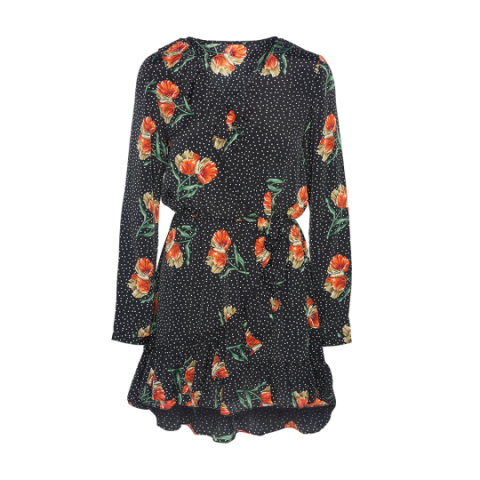 Long sleeve printed wrap dress with ruffle detail. - LDRW 432DESI