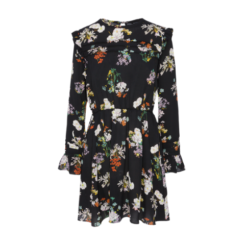 Lsleeve floral printed pleated dress with ruffle. - LDRW 225FLOSS