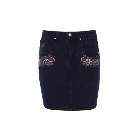Denim skirt with flowers embroidery and studs. - LSKD 340PETAL
