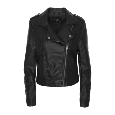 Pvc biker jacket with cross zipper and lacing detail at sleeves. - LJK PASQUA